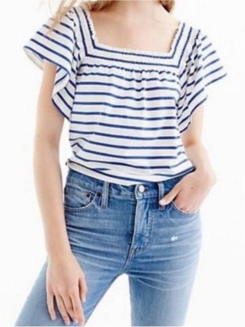 J. Crew Striped Square-Neck Flutter Sleeve Top - White & Blue